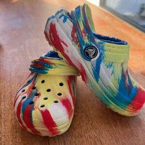 Fur lined crocs, multi colored, kids size 9, unisex, Preowned, smoke free home.